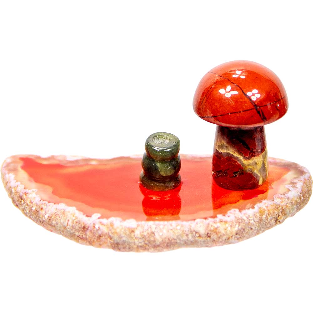 Agate Slice Incense Holder w/ Gemstone Mushroom - Asstd