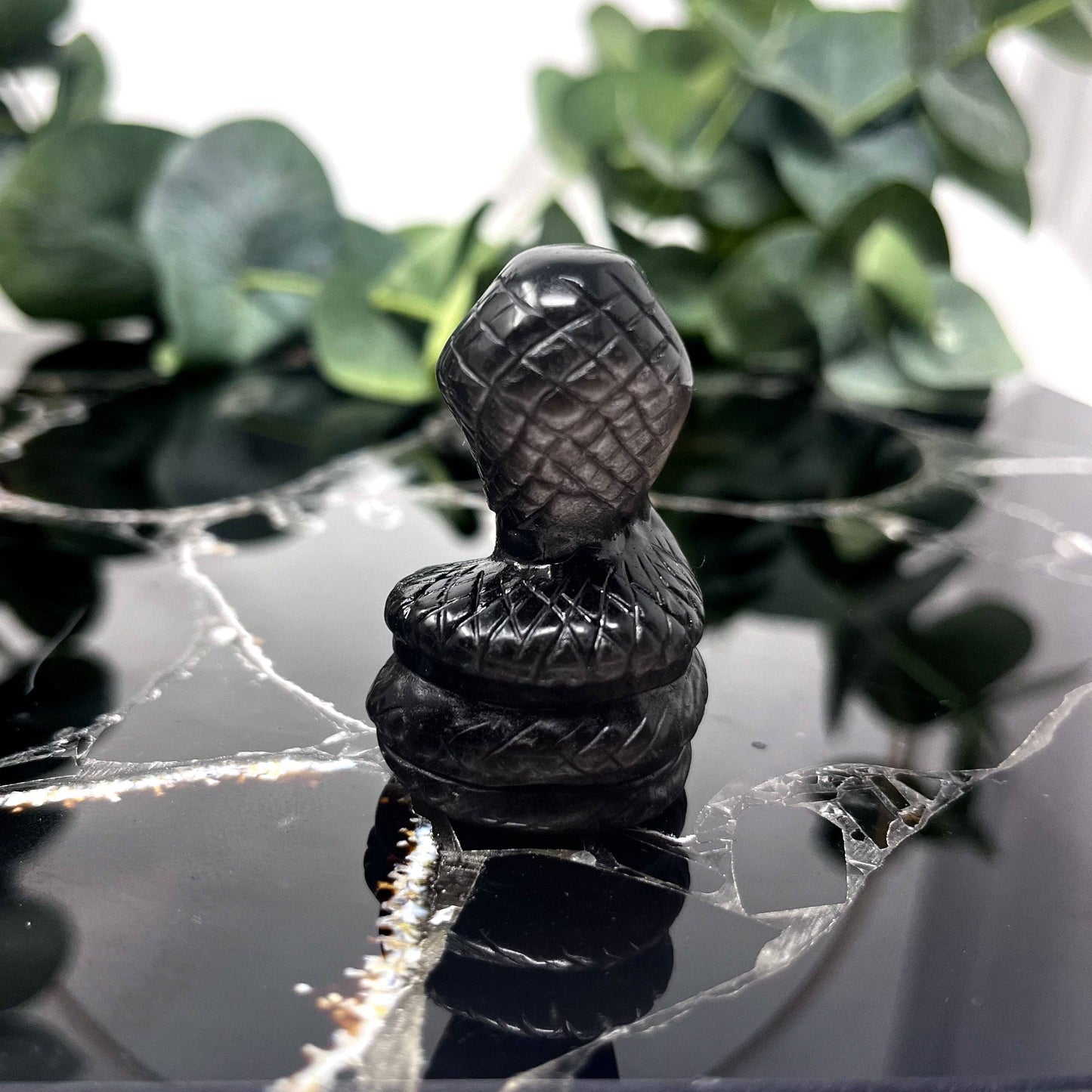 Silver Sheen Obsidian Cobra Carving