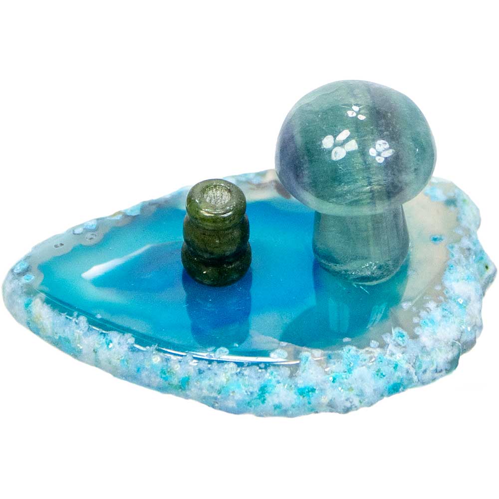 Agate Slice Incense Holder w/ Gemstone Mushroom - Asstd