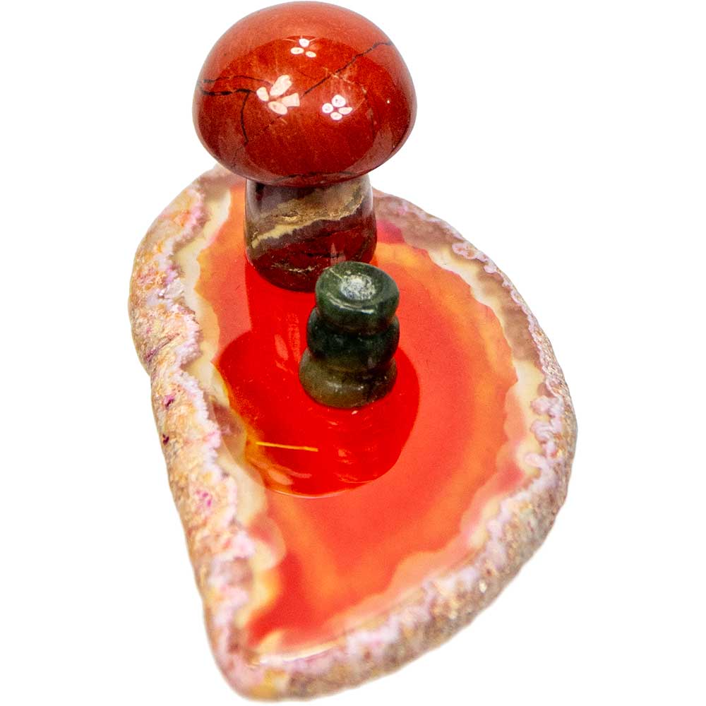 Agate Slice Incense Holder w/ Gemstone Mushroom - Asstd
