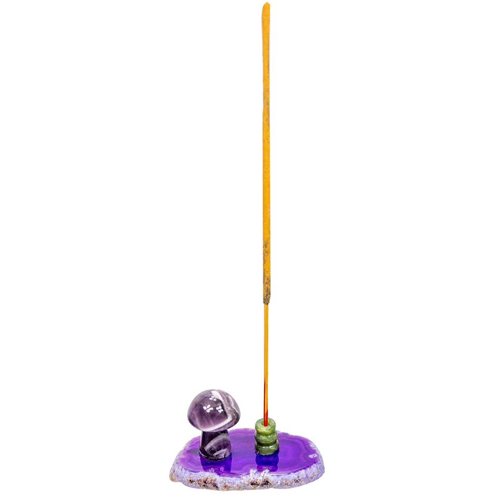 Agate Slice Incense Holder w/ Gemstone Mushroom - Asstd