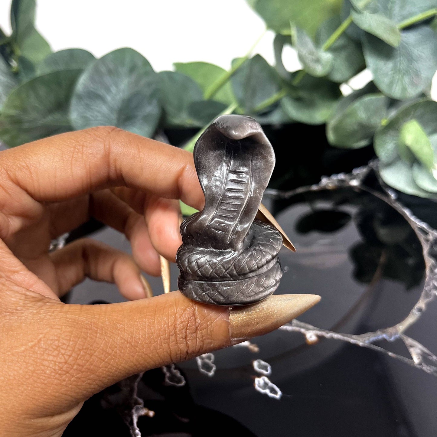 Silver Sheen Obsidian Cobra Carving
