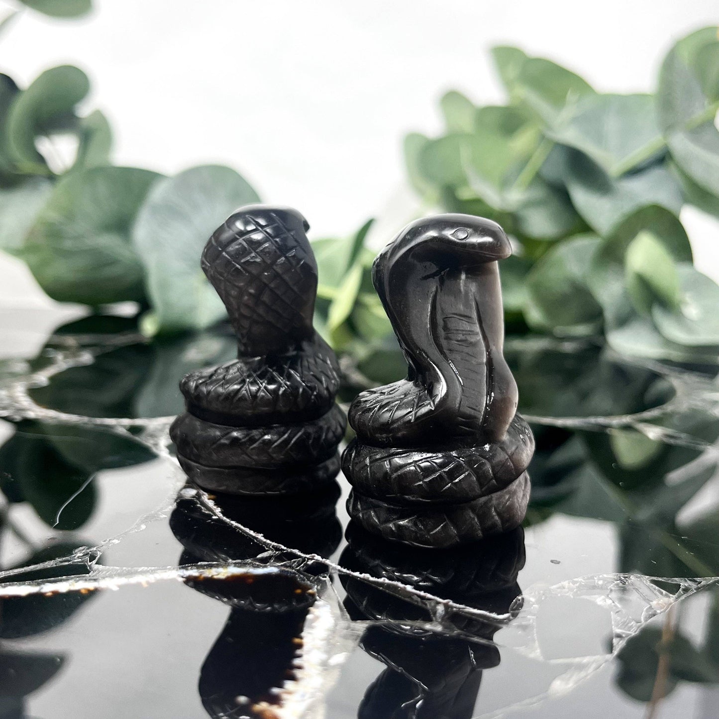 Silver Sheen Obsidian Cobra Carving