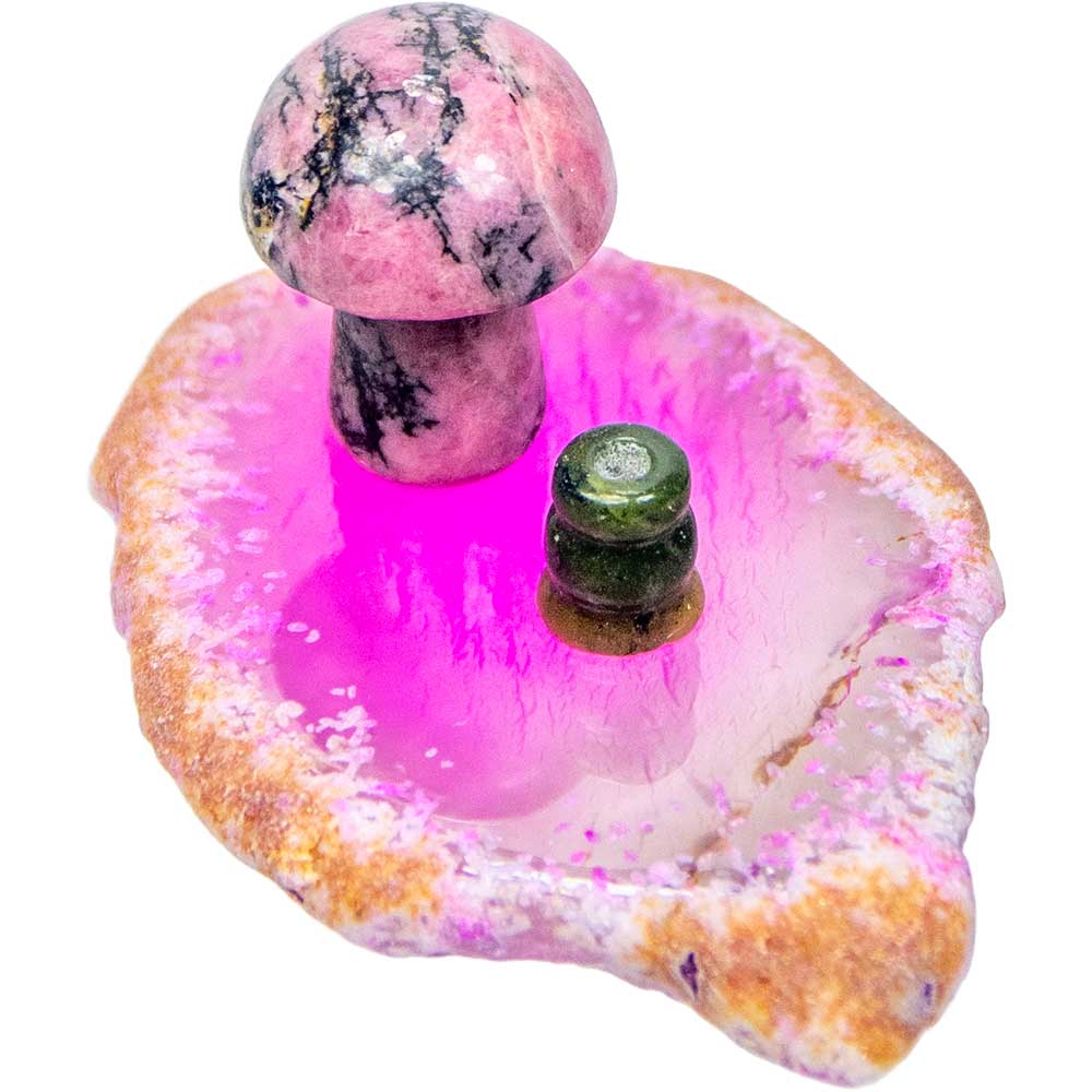 Agate Slice Incense Holder w/ Gemstone Mushroom - Asstd
