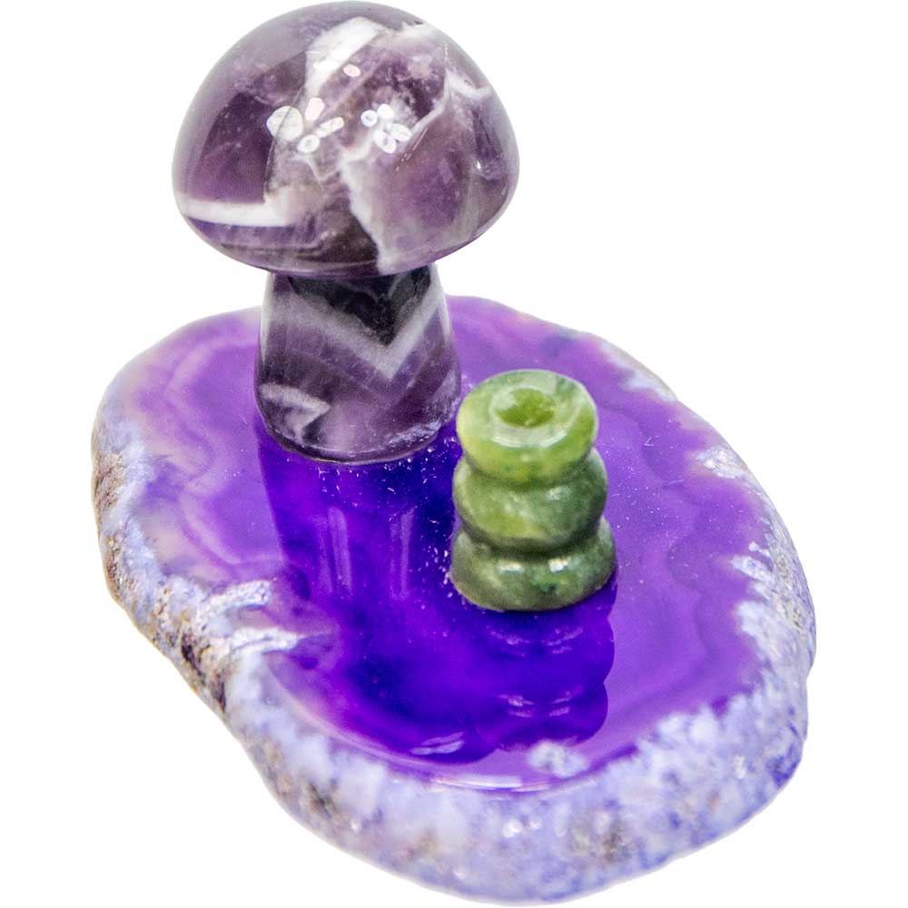 Agate Slice Incense Holder w/ Gemstone Mushroom - Asstd